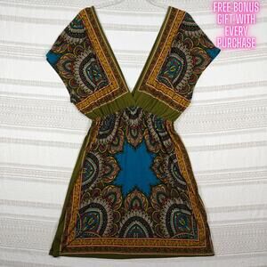 Vintage Snap Boho Multicolor Patterned Midi Dress Size M Lightweight